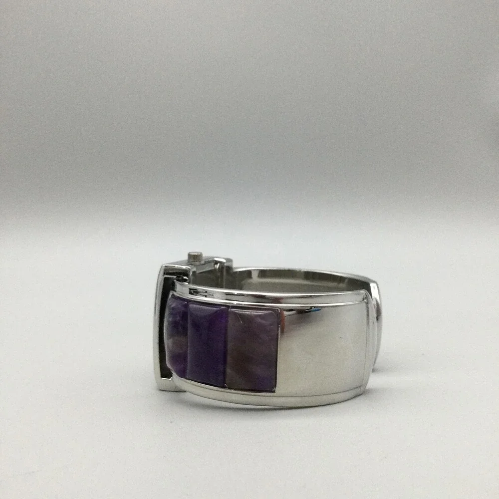 Geneva Womens Watch 31mm Silver Tone Purple MOP Square Dial Bangle Open Cuff